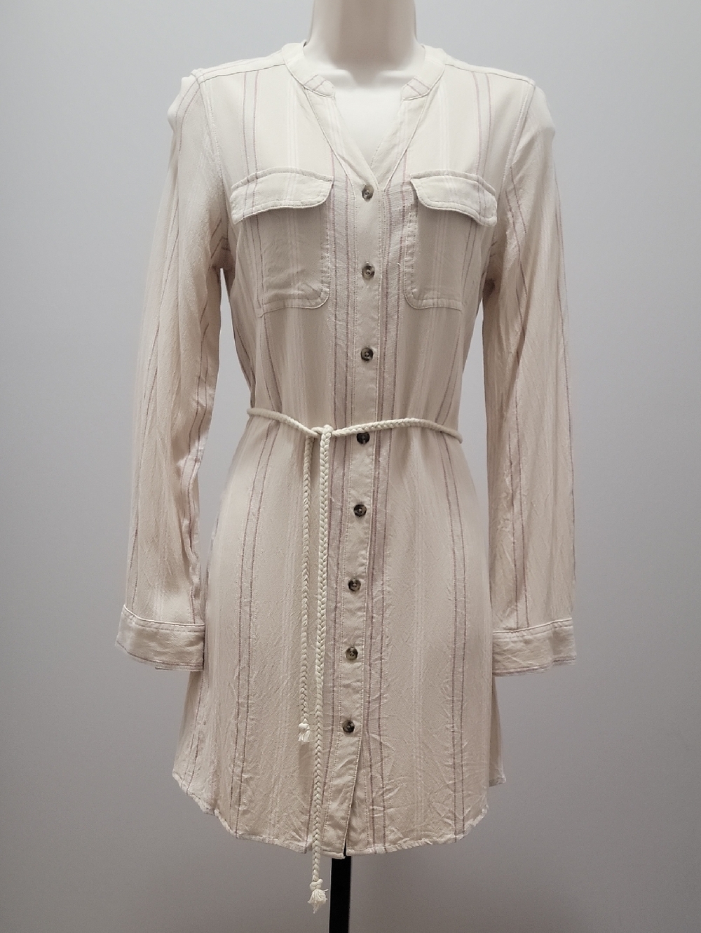 SO Cream With Stripes Button-Front Midi Shirt Dress Sz S